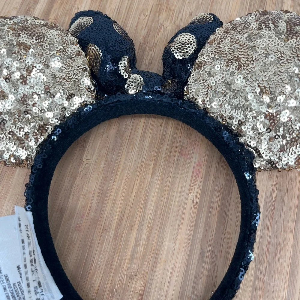 Disney Parks Black Gold Polka Dot Minnie Mouse Bow Sequins Ears‎ Headband Ears